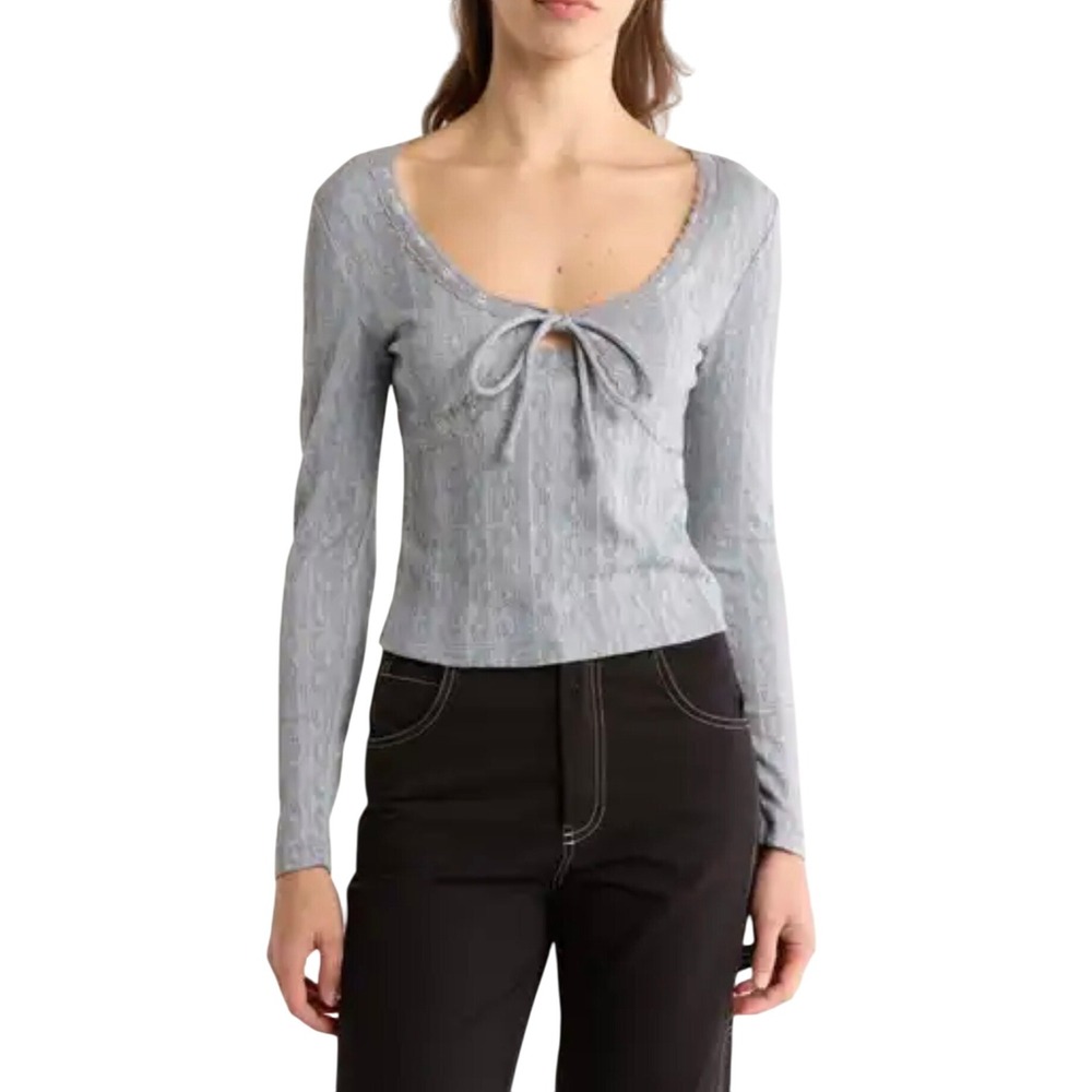Elodie Grey Cable Knit Lace Trim‎ Tie Front Long Sleeve Top Women's XL